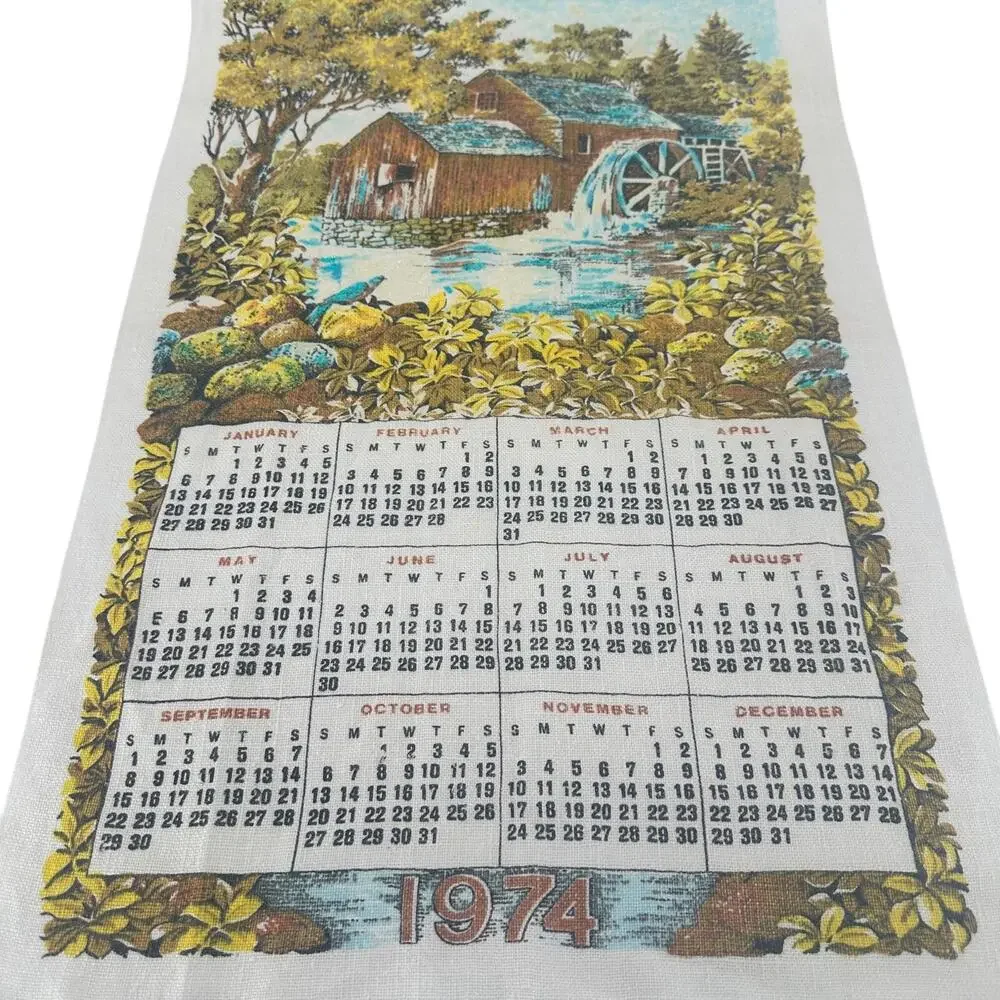 Vintage Linen Kitchen Cloth Calendar Year 1974 Old Country Mill Birthday Glitter